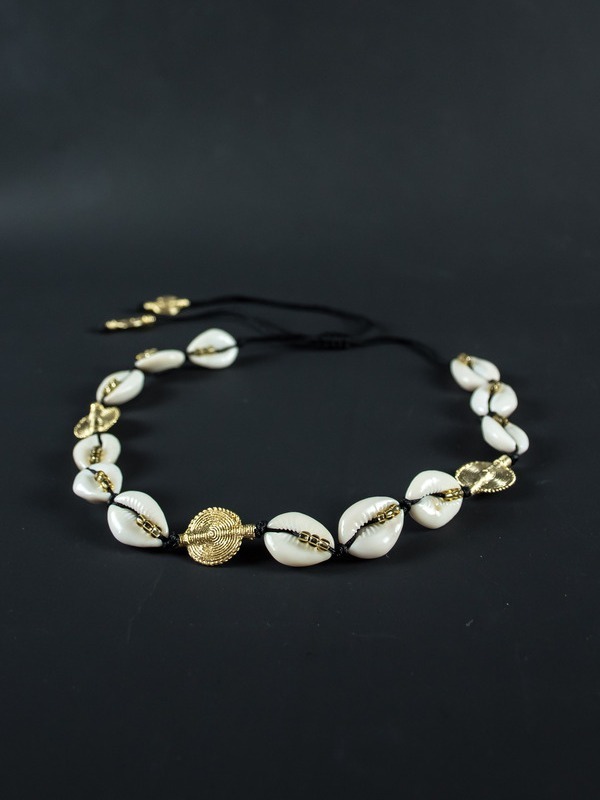 Collier mixte en cauris, perles et poids Akan – Bijou de tête-Bijou modulable