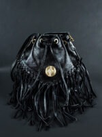SAC EN CUIR NOIR À FRANGES AVEC POIDS AKAN