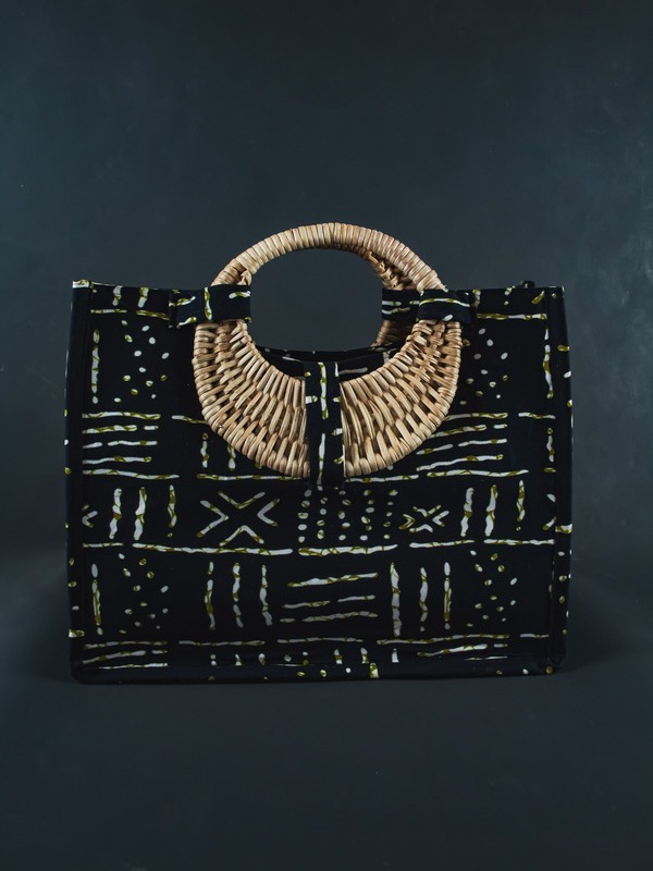 Sac en tissu avec poignée en osier - Motif Ankara