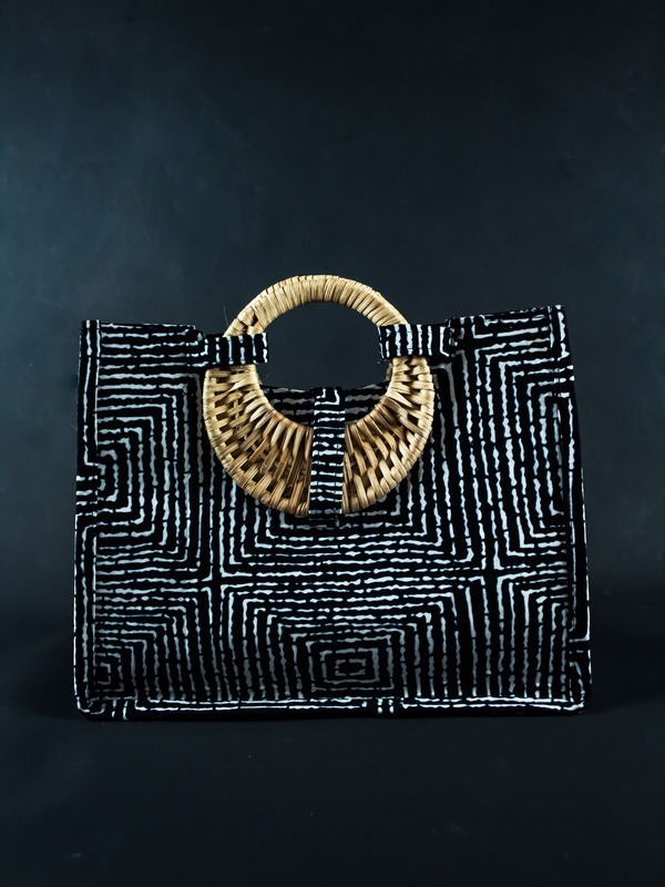 Sac en tissu avec poignée en osier - Motif Labyrinthe