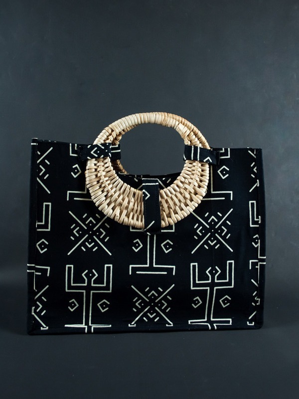 Sac en tissu avec poignée en osier - Motif Totem