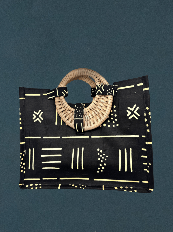 Sac en tissu avec poignée en osier - Motif trait