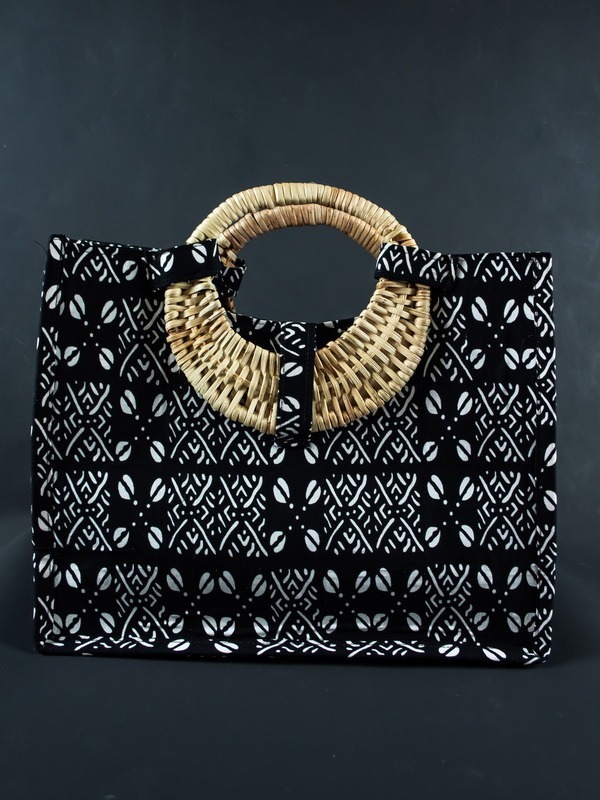Sac en tissu avec poignée en osier - Motif Cauris