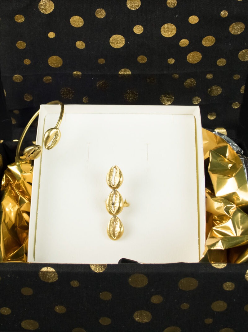 Coffret Bague et Bracelet - Cauris en bronze- Bague trio de cauris en vertical - Coffret Bronze Cauris Impériale
